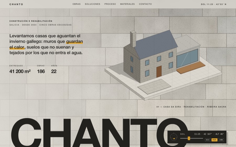 Portada de la muestra CHANTO: muro de granito y una casa de piedra dibujada en axonometría