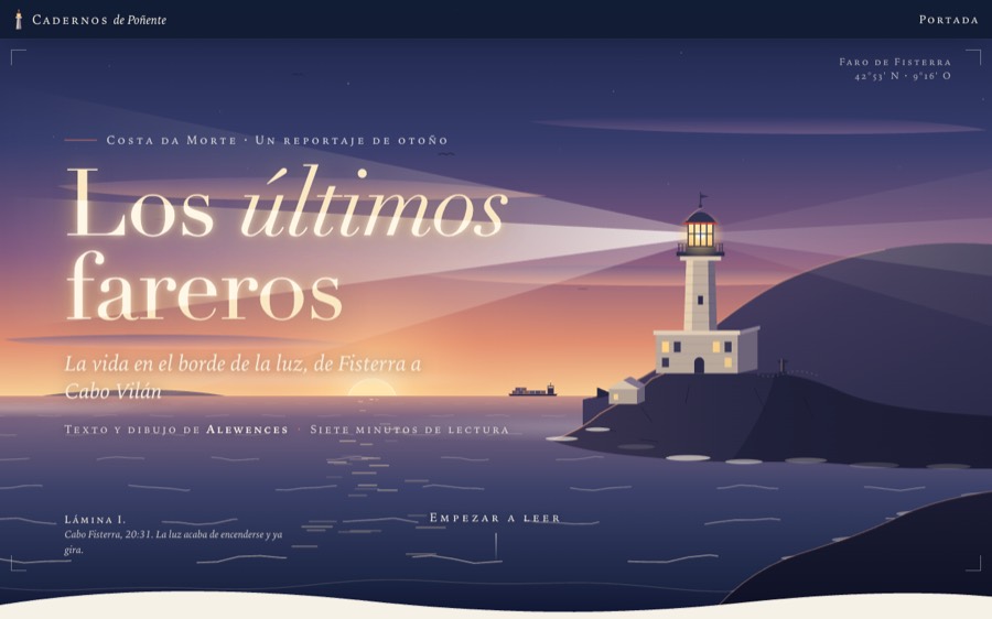 Portada de la muestra «Los últimos fareros», con el haz de un faro sobre el titular